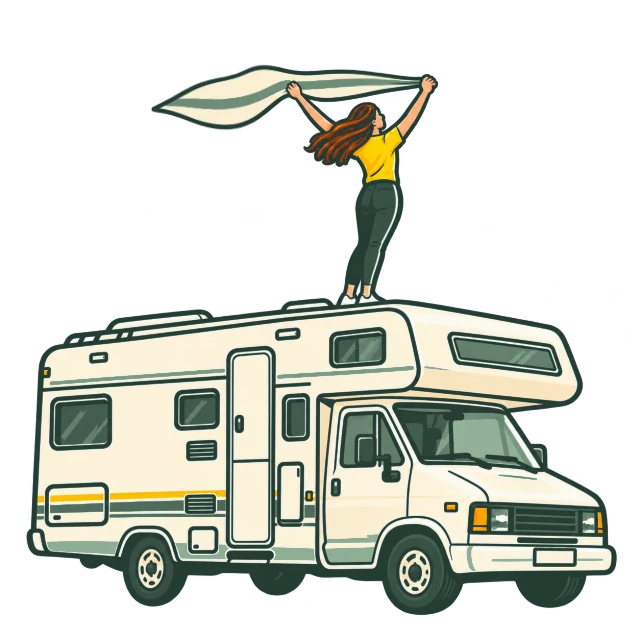 Une nomade sur son camping-car avec un drap animé, dans les tons vert sauge et crème